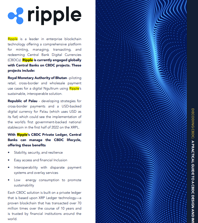Currency Research &amp; Lipis Advisors published "Decoding CBDC" in partnership with #Ripple, #Hedera and ProsperUS, noting "#Ripple is currently engaged globally w/ more than a dozen central banks, with pilots underway in Palau and Bhutan." Chock full o' info
files.hedera.com/Decoding-CBDC-…