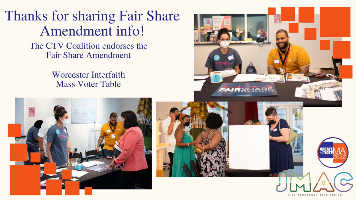 CreateTheVoteMA's tweet photo. Thanks to @WorcesterInter1 and Mass Voter Table for sharing #fairshareamendment info at our forum @jmacworcester. #CTVMA2022 endorses @fairsharema as part of our platform. Follow @CreateTheVoteMA for #CTVMAforum highlights #PopUpJMAC #JMACWorcester #MakeArtEverywhere #mapoli https://t.co/Ov0GnqtNBG