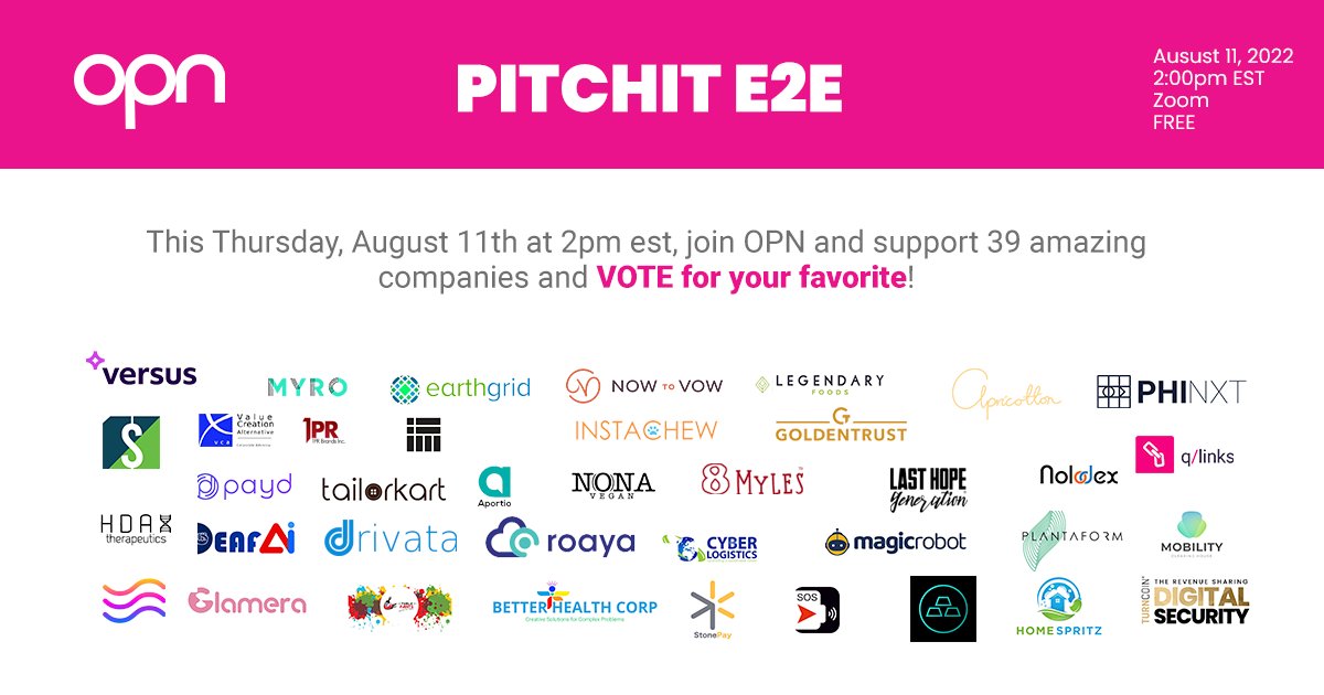 Opeoplenetwork's tweet photo. Meet our official August line-up! Thirty-nine (39) #startups from 12 different countries will pitch this Thursday, August 11, at 2 PM EST! Join us and help us vote for the best #pitch for the day!  Register - https://t.co/NNhsmDbzRa

#PitchitE2E #OPN #Founders #Business https://t.co/HUUUnGTvmh