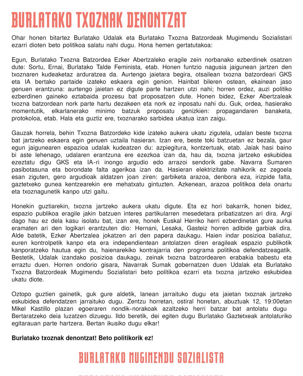 GKS_Irunerria's tweet photo. 🔴 BURLATAKO TXOZNAK DENONTZAT! 

Hona hemen Burlatako jaien harira gertatutakoaren inguruan Mugimendu Sozialistatik egiten dugun irakurketa: https://t.co/fERFEqDJEk