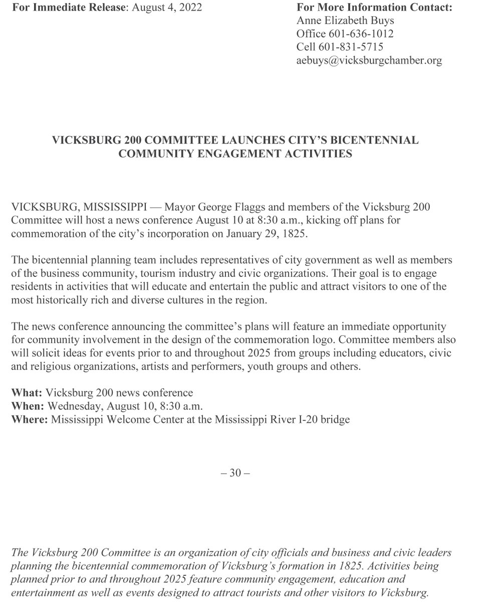VisitVicksburg's tweet image. Reminder of tomorrow's press conference for Vicksburg Bicentennial Announcement! #Vicksburg200