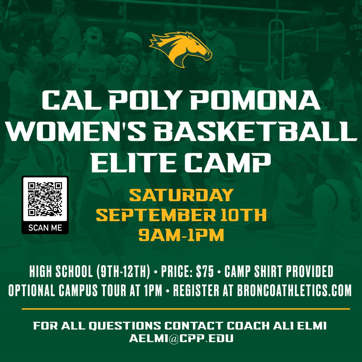 Be sure to sign up today for our Elite Camp🏀  

📆September 10th, 2022

⌚️9am-1pm (Optional campus tour at 1pm)

🔗 broncoathletics.com/registrations/…

For more information, Contact Coach Ali Elmi (Aelmi@cpp.edu)

#AllIn #TraditionNeverGraduates