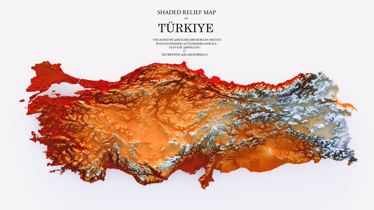 researchremora's tweet photo. A shaded relief map of Türkiye revisited. Yep, just sharing as soon as they finish rendering. 😋

#rayshader adventures, an #rstats tale https://t.co/gx0MCkw44H