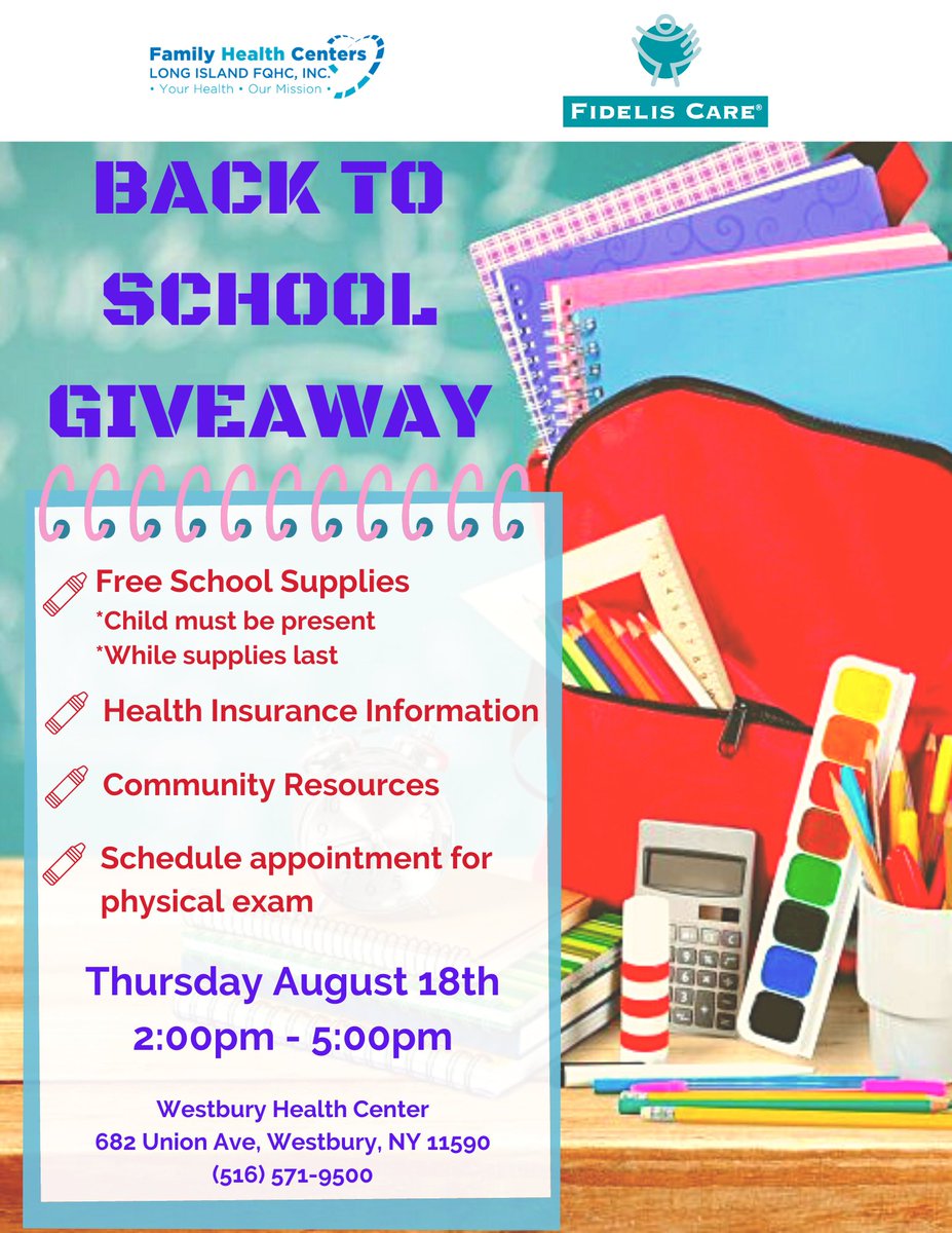 Let’s go! BACK-TO-SCHOOL GIVEAWAY is Thursday August 18, 2022, from 2:00 PM to 5PM Child Must Be Present to receive School Supply, Face Painting, Balloon and More. Come and join us in our Westbury Health Center <a href="/FidelisCare/">Fidelis Care</a>