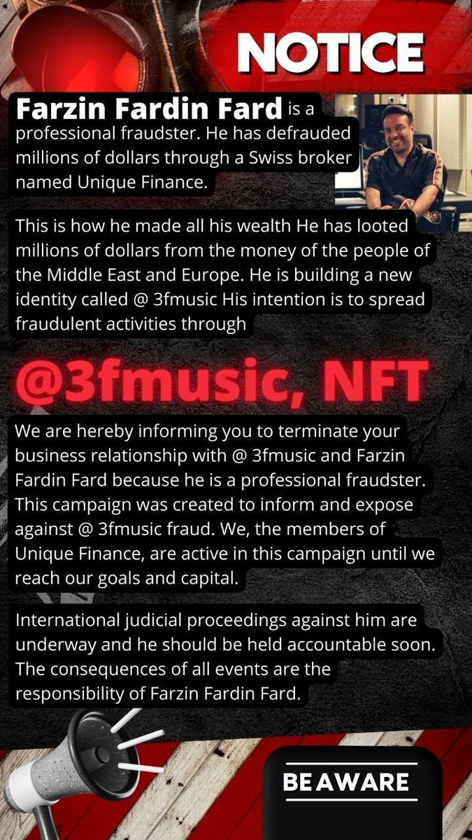 ArefMoh96970458's tweet photo. 🚫هشدار 

فرزین_فردین_فرد 

ما اعضای پروژه Unique Finance از شما که مسئول دفتر نمایندگی کمپانی در کشور امارات هستید می‌خواهیم که تا مطالبات ما را پرداخت کنید در غیر این صورت اقدامات قضایی و رسانه ای بین المللی علیه شما آغاز خواهد شد.
 #FarzinFardinfard
#3Fmusic
#Uniquefinance https://t.co/16XfuTdsIK