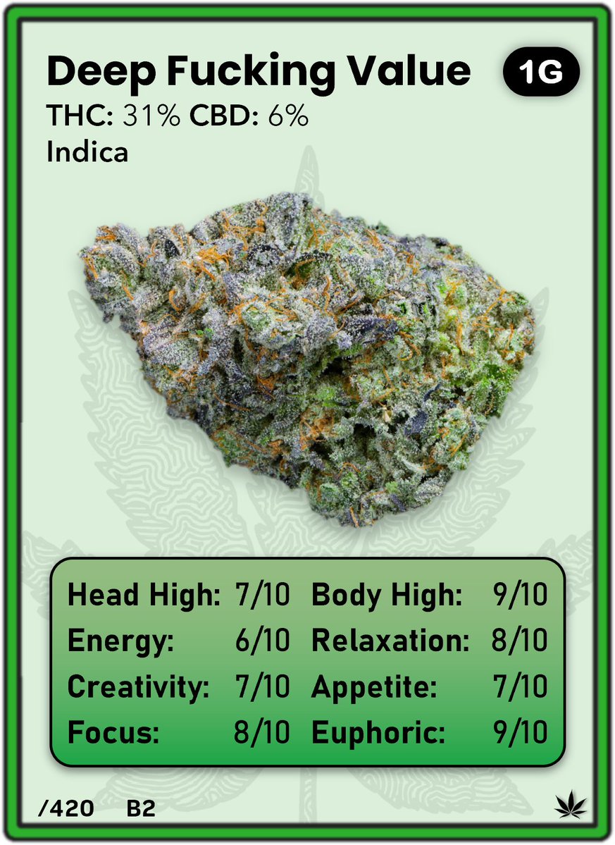1337trees420's tweet photo. 420 Giveaway!

Deep Fucking Value - Indica 🔥

Without DFV many of us would not be where we are now, so I wanted to honor this legend with his own strain. 

FREE for a limited time only
Tips 4 ⛽️ are much appreciated 💚

Drop L2 ⬇️ &amp; RT https://t.co/gwORUokqRx