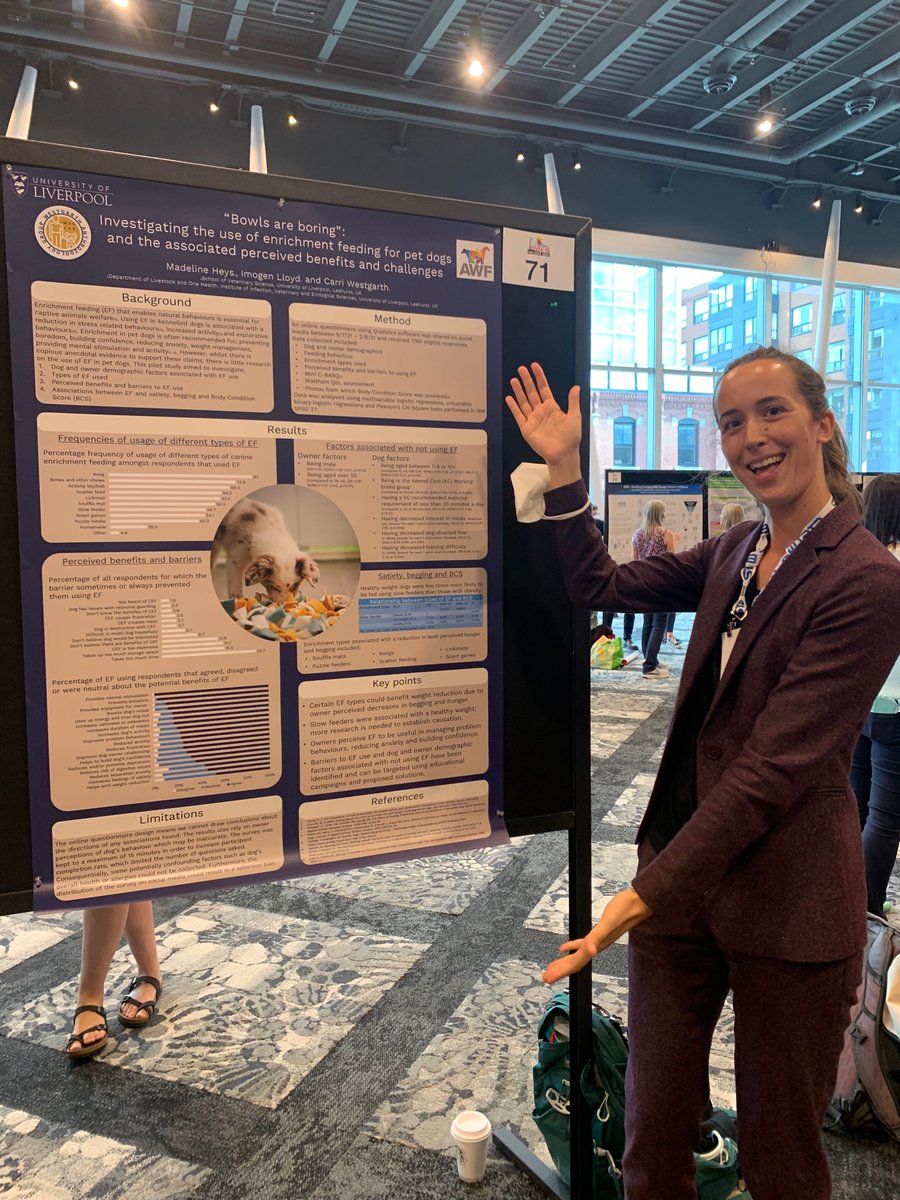 WAGLabLiv's tweet photo. The @LivUni_IVES  WAG-lab are on fire today… @ImogenLloyd7 now presenting our poster about use of canine enrichment feeding at @isvee2022   #isvee16 #isvee2022 This was an undergraduate student summer project kindly funded by @AWF_VETS https://t.co/EO2IZrKtE2
