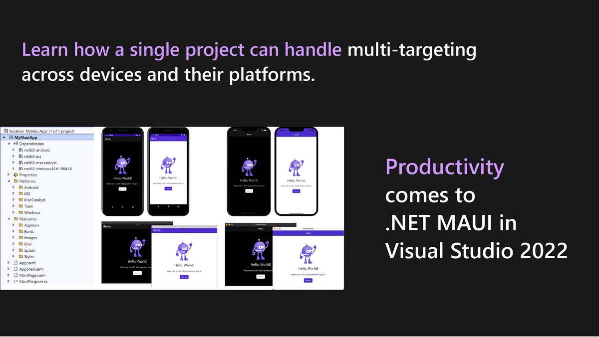 🙌 One Project, Many Platforms 🙌 

.NET Multi-platform App UI is now in the release edition of #VisualStudio2022 on Windows; build cross-platform native client apps with #dotNET and ship them to Android, iOS, macOS, and Windows from a single codebase.

📖 msft.it/6011juv39