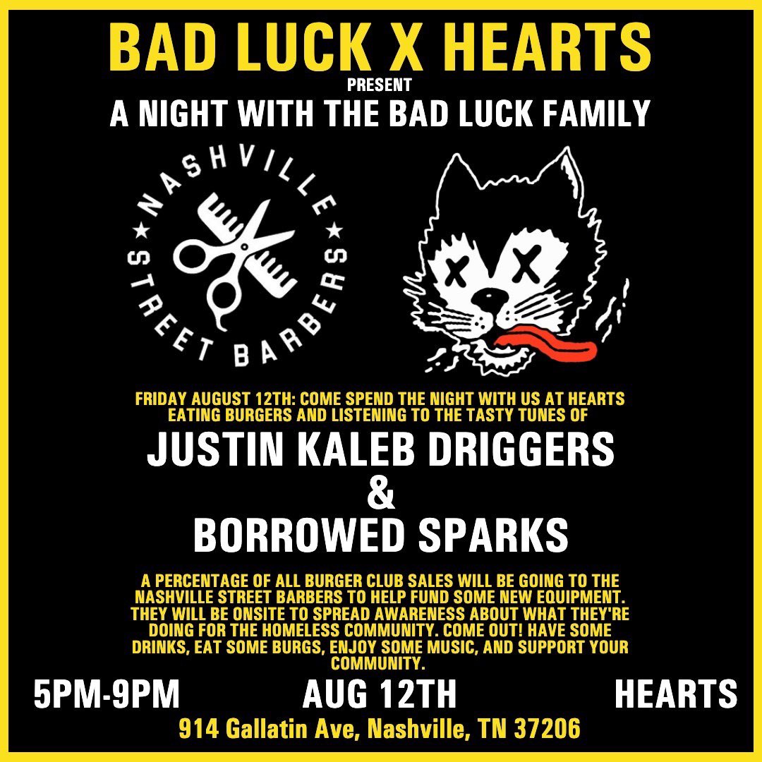 Tasty Tunes this Friday with my favorite burger boys <a href="/badluckburgers/">Bad Luck Burger Club</a> 
Come eat a burger and help us raise money for Nashville Street Barbers.