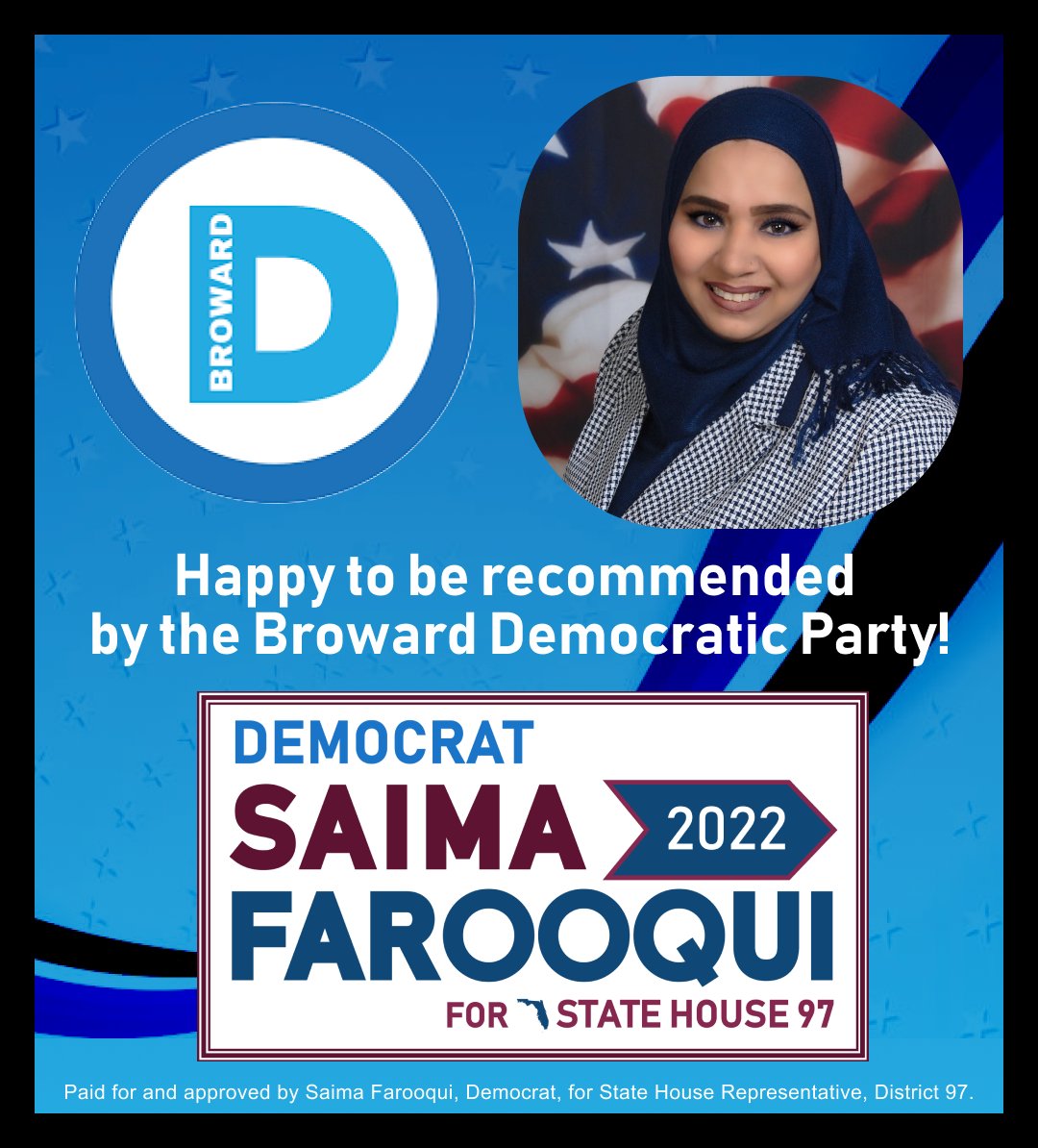 SaimaForFL97's tweet photo. Thank you to the Broward Democratic Party (@browarddems) for recommending me for State House 97.
I am proud to be 𝙩𝙝𝙚 strong Democrat in this election and excited to be on the primary slate card. https://t.co/g5iK6TSjpC