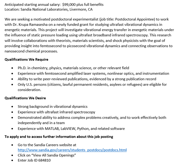 KRamasesha's tweet photo. We are hiring again! Openings for postdoctoral position in ultrafast dynamics in my group 
@SandiaLabs
 Livermore, CA. To apply: https://t.co/lIPYo34YMh, search for job ID 684810. RT appreciated! #ChemPostdoc #chemjobs Please contact me if you have questions! https://t.co/KjwSmWThGh