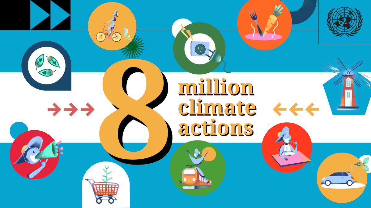 UN's tweet photo. 🚉 Using public transport
🚯 Reducing food waste
👚 Buying sustainable fashion

People around the world have already logged more than 8 million of their #ClimateAction activities.

Join the movement &amp; #ActNow: https://t.co/TrmoKhXA2Y https://t.co/2JCIFh2DjH