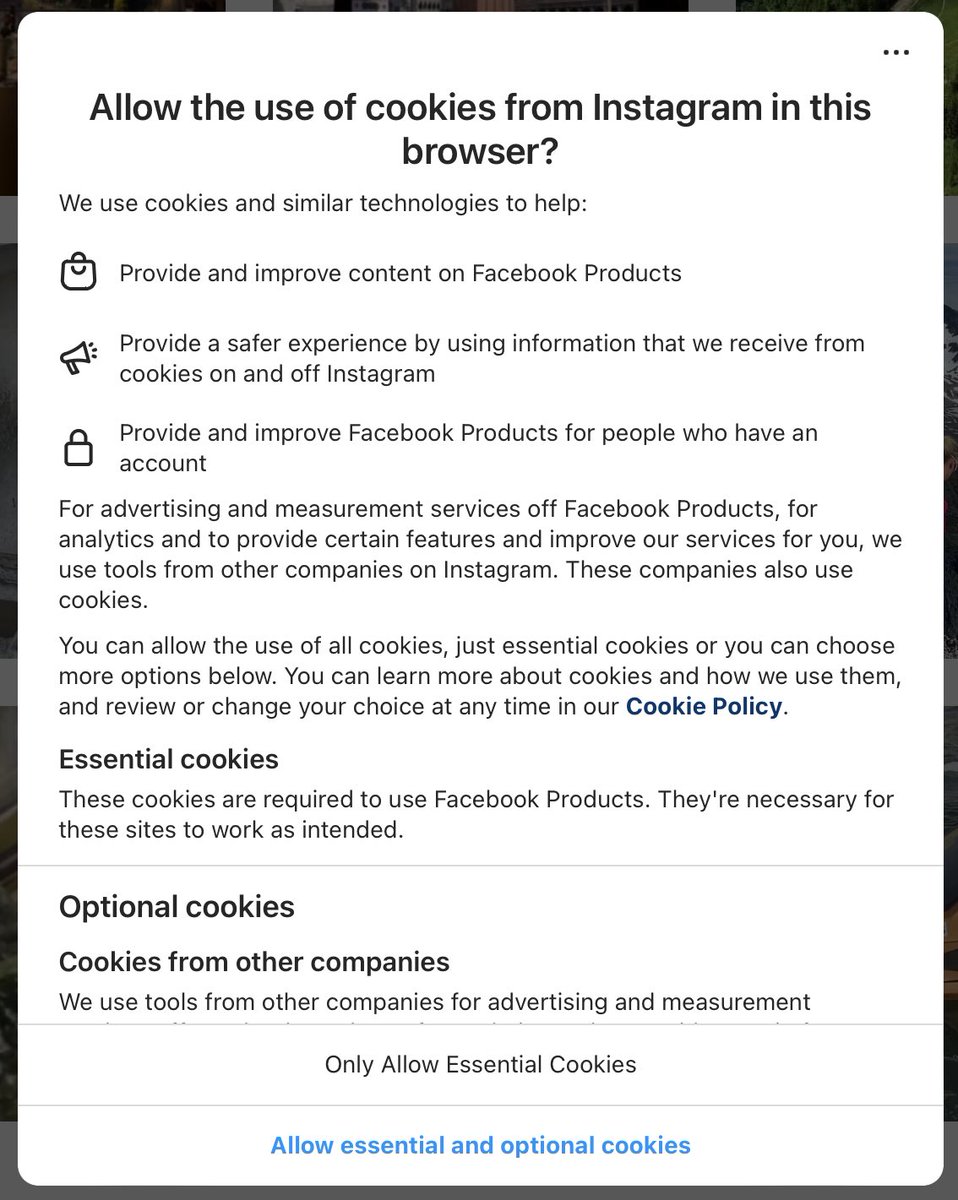 SynchroM's tweet image. This ⁦@instagram⁩ cookie pop up seems to provide two options – with or without optional cookies. But the “essential cookies” option doesn’t actually work. So I took the third option: close instagram #GDPRFail