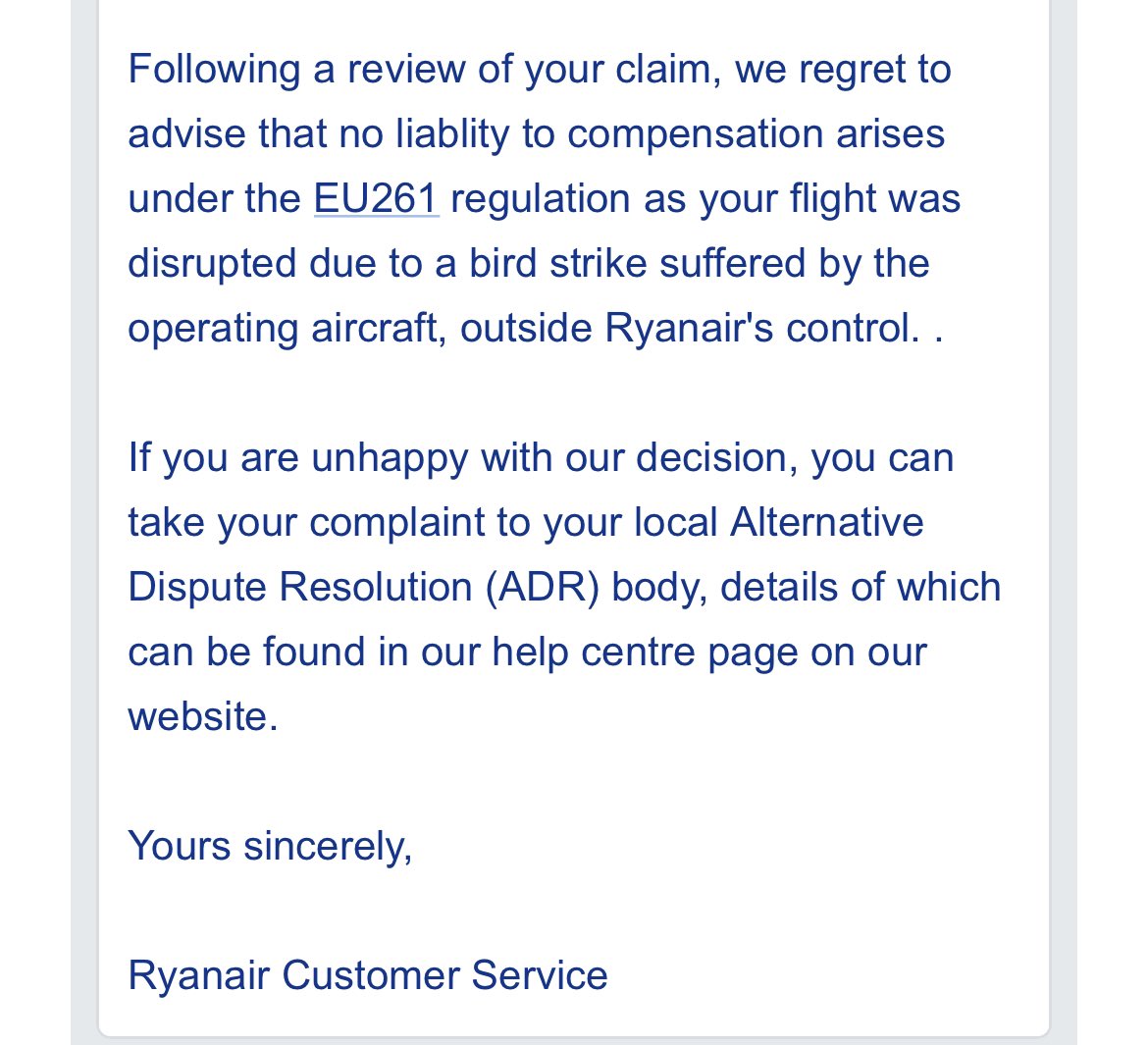 Ernesto_Perez_'s tweet photo. @Ryanair_ES 
Sufrimos 5 horas de retraso en nuestro vuelo sin ningún tipo de explicación y la respuesta a nuestra reclamación es que lo sienten pero la culpa ha sido de un 🐦 que ha chocado con el avión y que no es cosa vuestra?
Entonces es culpa nuestra, verdad?
@facua https://t.co/AbDydPUmVb