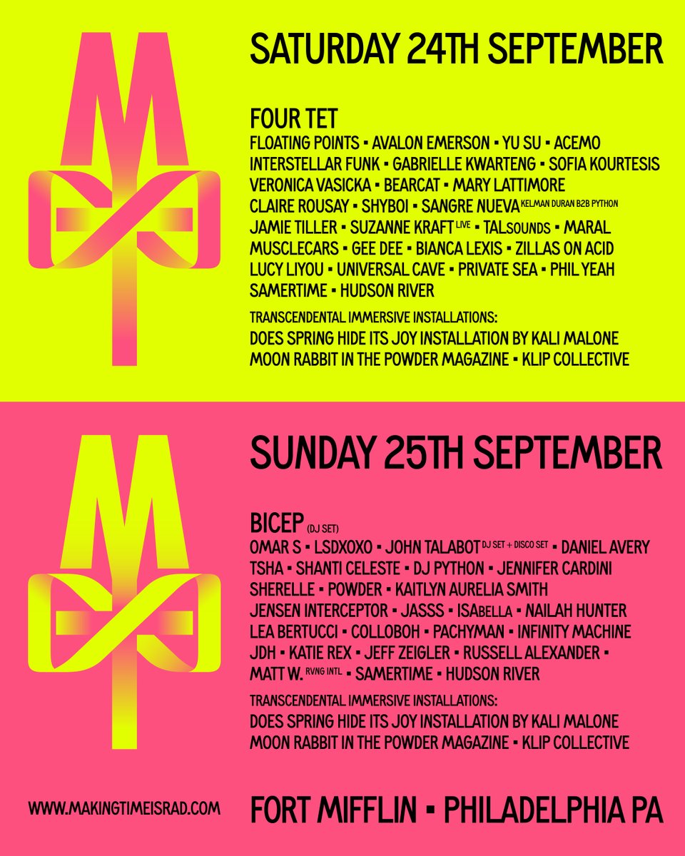 davepmakingtime's tweet photo. Single day lineups for Making Time ∞ at Fort Mifflin on September 24th & 25th have been announced !!!
Single Day tickets go on-sale THIS FRIDAY August 12th at HIGH NOON !!!
more info & tickets: https://t.co/msPGovqFxa
#MakingTimeFOREVER
#TRANSCENDENTALPLAN https://t.co/rrww9XqyWD