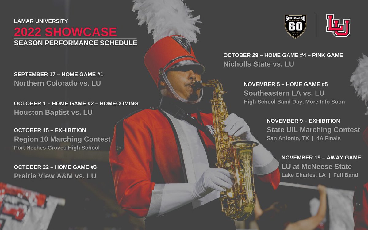LUMarchingBand's tweet photo. Let’s GO!!! The 2022 season is about to begin. Here is a look at our performance schedule this fall. 3, 2, 1… LU! #weareLU #peckem https://t.co/A4OI62DMer