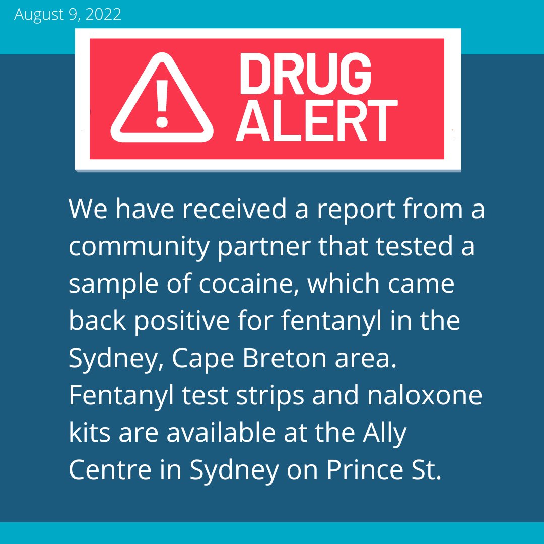 HealthNS's tweet photo. #DrugAlert for August 9, 2022
We have received a report from a community partner who tested a sample of cocaine, which came back positive for fentanyl in the Sydney, Cape Breton area. Fentanyl test strips and naloxone kits are available at the Ally Centre in Sydney on Prince St. https://t.co/121BVc3t78
