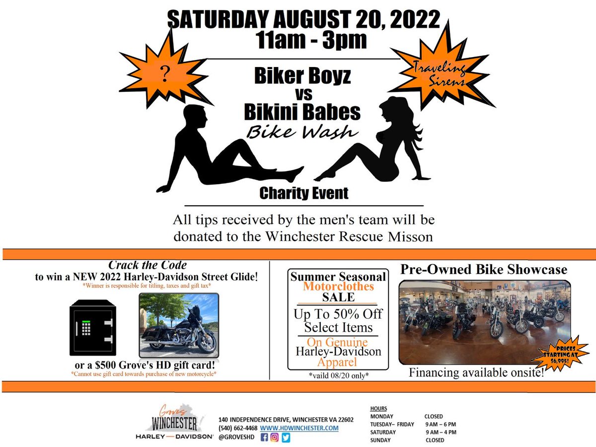 groveshd's tweet photo. Alterations by Millie will be at Grove's on August 20th from 10am-3pm.  While Millie sews on patches, repairs of your garments you can try to Crack the Code, have your bike washed for charity, or have some delicious food at Johnny Monarch's.  
#hdwinchester https://t.co/juXYGxMV8B