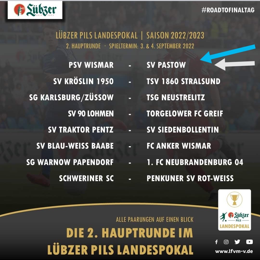 Lübzer Pils Cup 2022-23 und die 2. Pokalrunde schickt uns nach Wismar-Wendorf, zum PSV Wismar. Anstoßzeit aller vorsicht am 03.09.2022 um 14 Uhr.