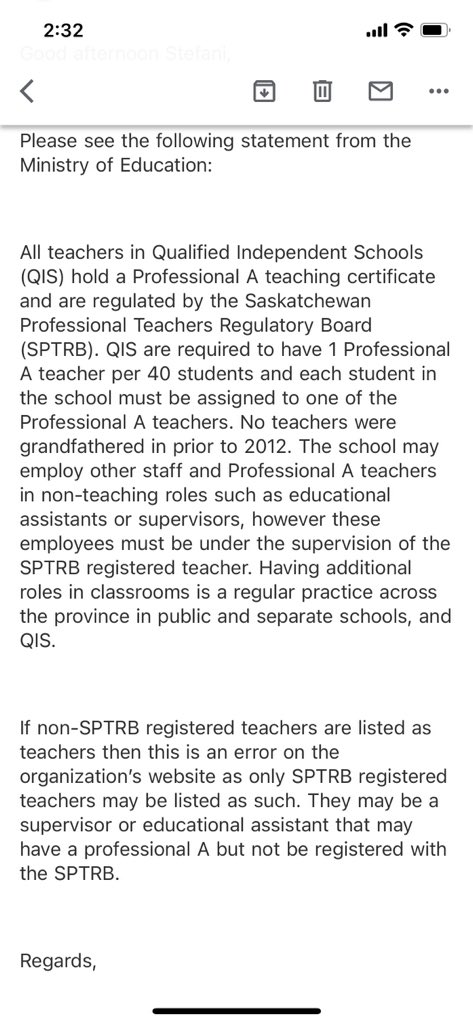 SLangeneggerCBC's tweet photo. The latest statement I have says this, with regard to why some people identified as teachers at QIPs don’t list the qualifications required or show up on SPTRB as the government says they must if they teach there. skpoli #skeduc https://t.co/Wv35SZMw0i