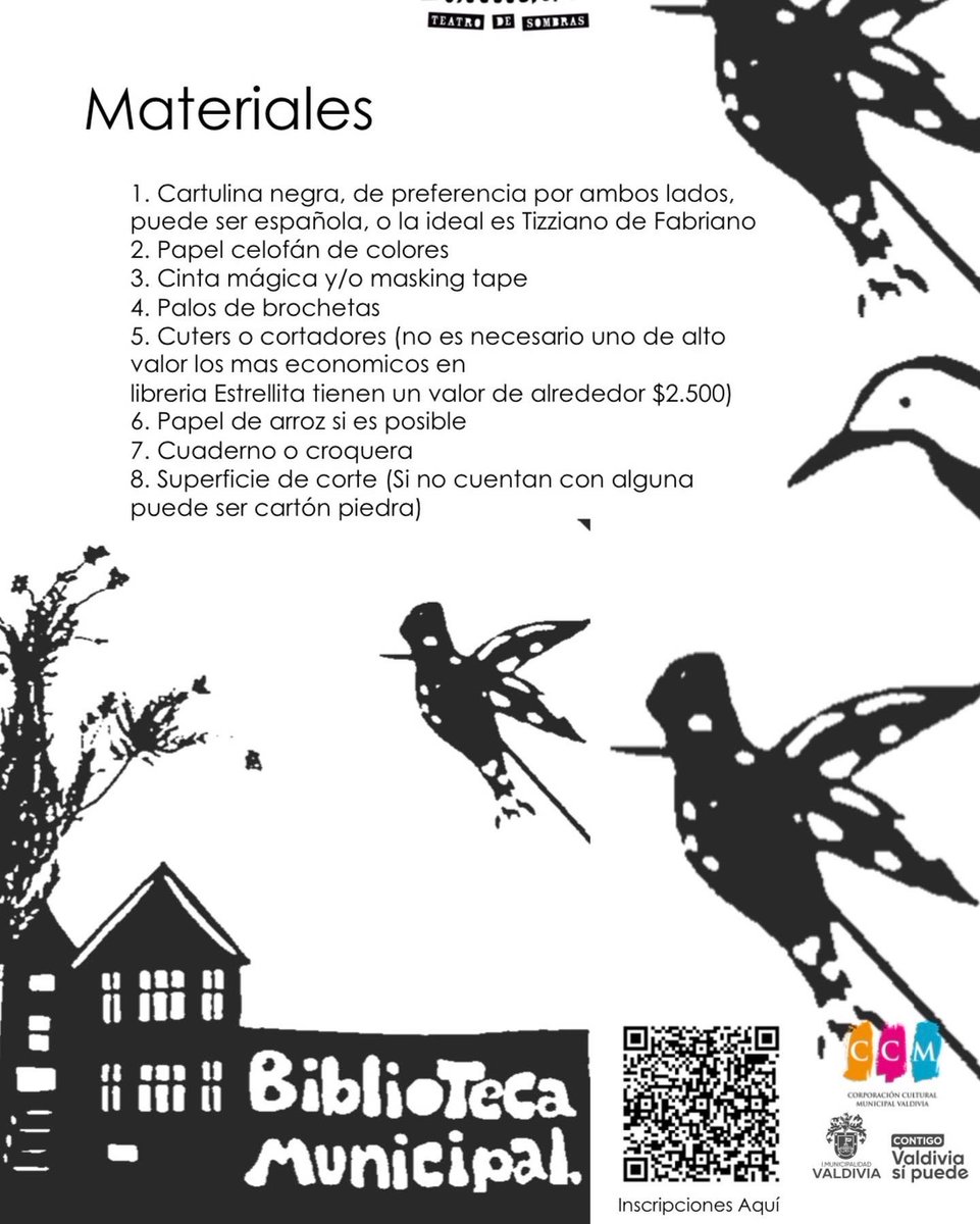 <a href="/bibliotecavaldi/">Biblioteca valdivia</a> abre cupos para  Taller gratuito orientado a asistentes de la educación/12 sesiones entre el  17 de agosto al 2 de noviembre/Fomento lector a través del teatro de sombras en la primera infancia. <a href="/munivaldivia/">MuniValdivia</a> <a href="/INJUVLosRios/">INJUV Los Ríos</a> <a href="/MunicipalVald/">Teatro Municipal Val</a> <a href="/BPLosRios/">Red Bibliotecas Públicas Los Ríos</a> #ValdiviaCL