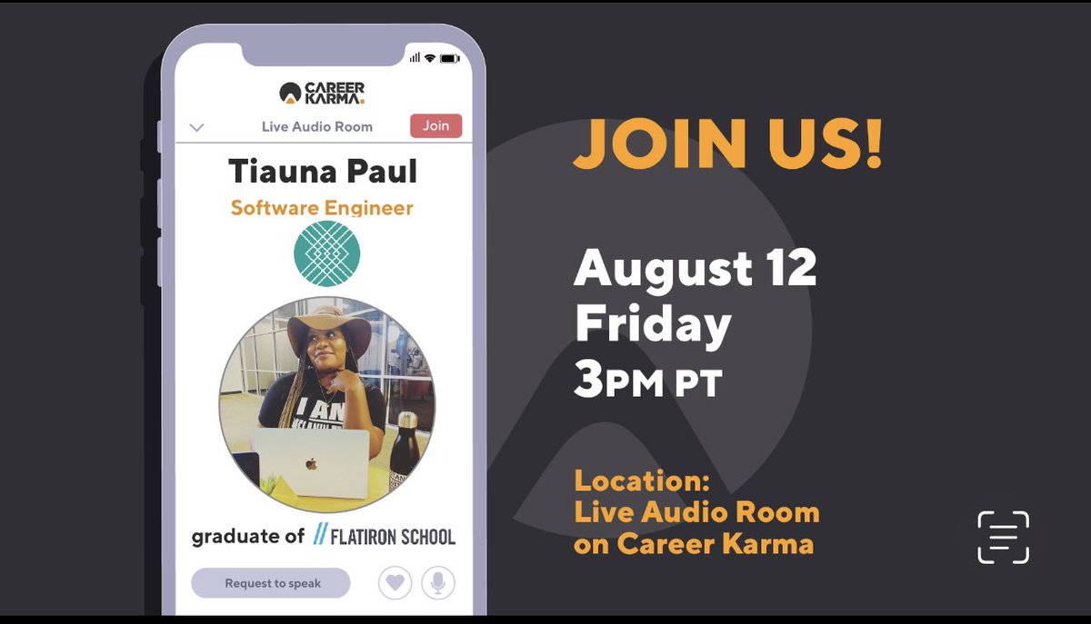 Tune in this Friday! 👩🏾‍💻 I'll be live with @Career_Karma discussing my boot camp journey and my day-to-day as a software engineer @stitchfix Link to register => ck.chat/jLre18c85c4 #careerkarma #changethings #BlackTechTwitter