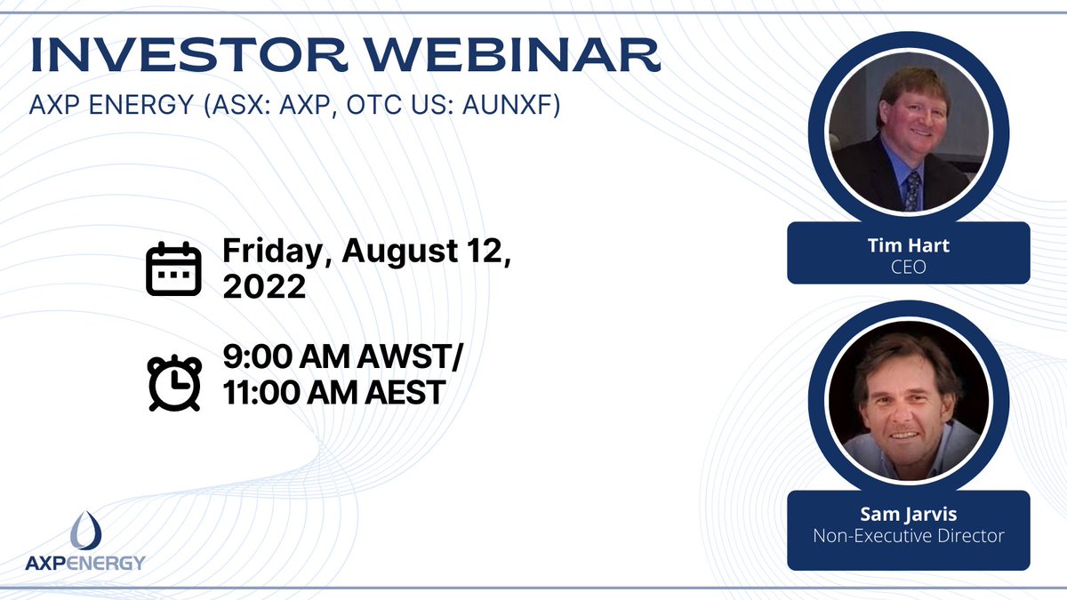 $AUNXF $AXP.AX will host an #investor #webinar at 11:00 AM AEST on Friday 12 August 2022. CEO Tim Hart and Non-Executive Director Sam Jarvis will discuss the Company's quarterly results, and other near-term value catalysts. To register: register.gotowebinar.com/register/68705… #ASX