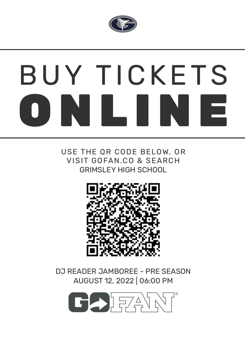 If you following us to Grimsley Friday night, please be sure to purchase tickets online! They will not be sold in person. Use the QR code below.