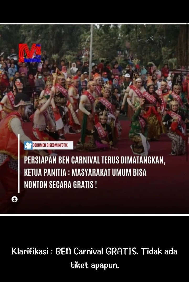 Naaah, dapat konfirmasi dari pemkot #Blitar, bahwasannya BEN Carnival besok itu gratis ya lur