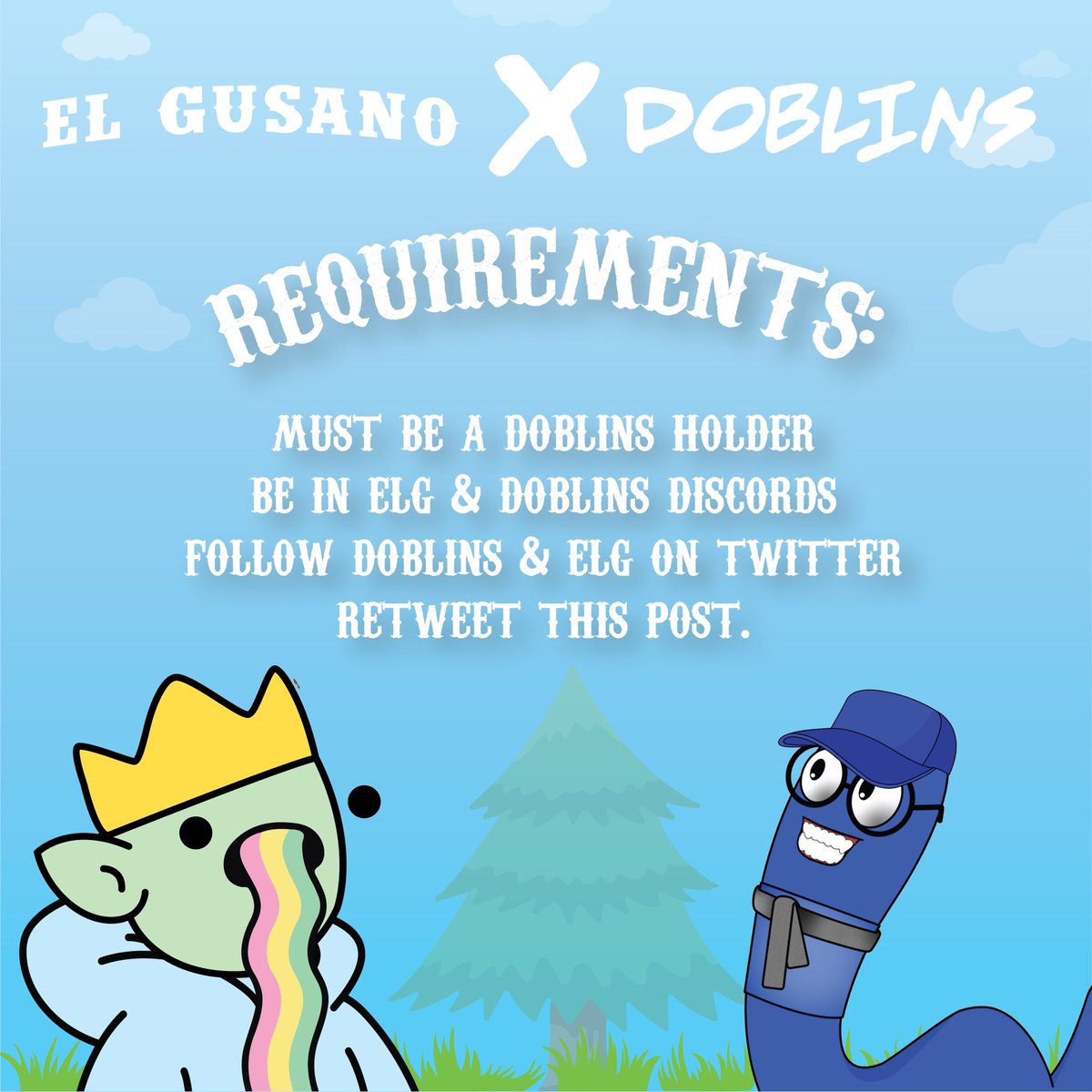 The bro’s over at ELG have given us an Nft for our holders!

RULES - 

1️⃣ MUST HOLD A DOBLIN NFT

2️⃣ BE IN ELG &amp; DOBLINS DISCORD

3️⃣ FOLLOW DOBLIN’S &amp; @ElGusanonz TWITTER’S

4️⃣ RETWEET &amp; LIKE THIS POST 

Drawn 19th August 2022 | 6PM AEST

discord.gg/Buz6qPkWKq