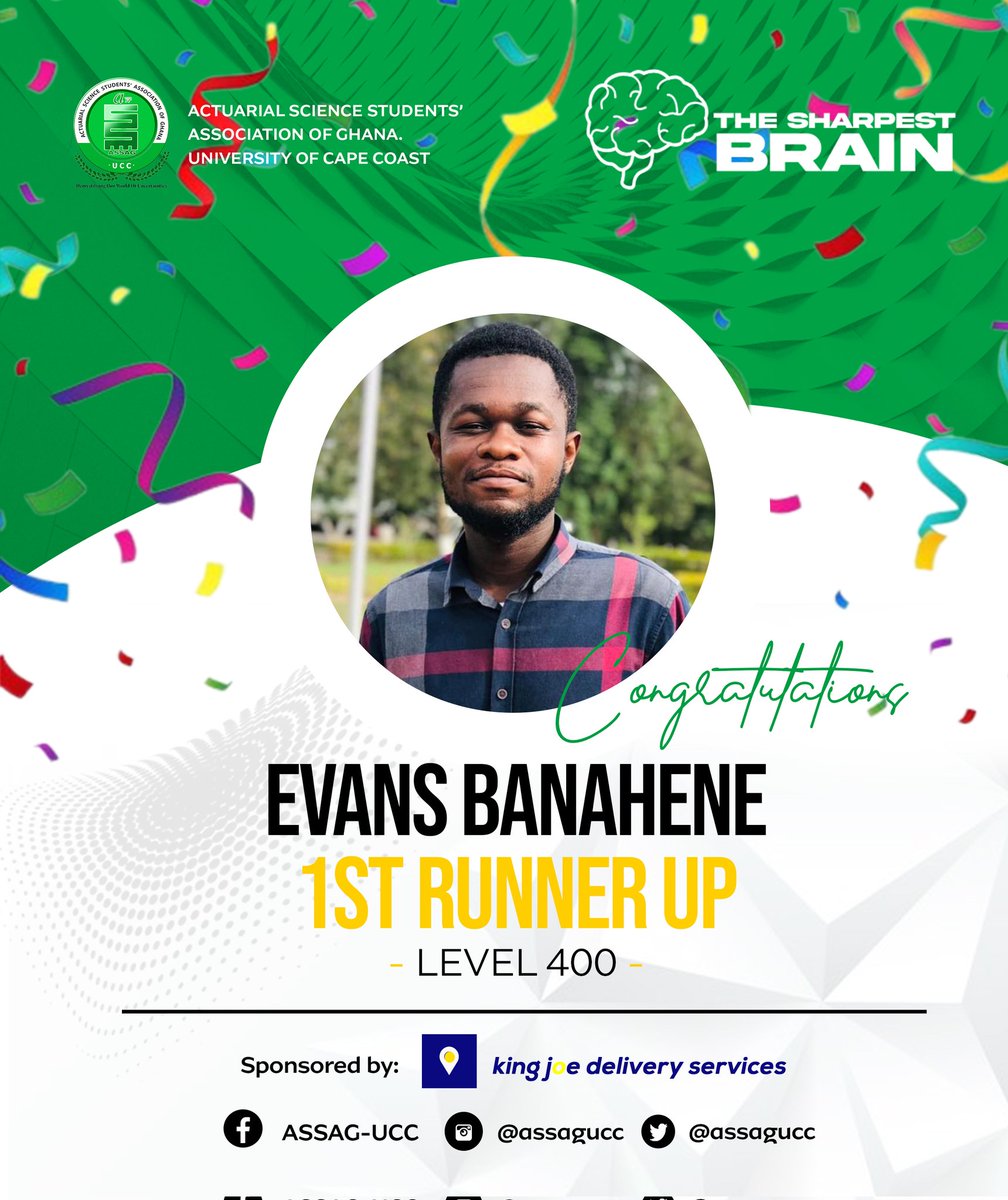 assagucc's tweet photo. The Sharpest Brain Competition 💚⚪

Congratulations to Mr. @a.s._evans_ , level 400 for emerging as 1st Runner up in the #SharpestBrain Competition. 🎊🎊🎊💃

Powered by the #educationcommittee 

Sponsored by @king_joe_delivery_services 

#thesharpestbrain #assagucc https://t.co/UV5xusHaMg