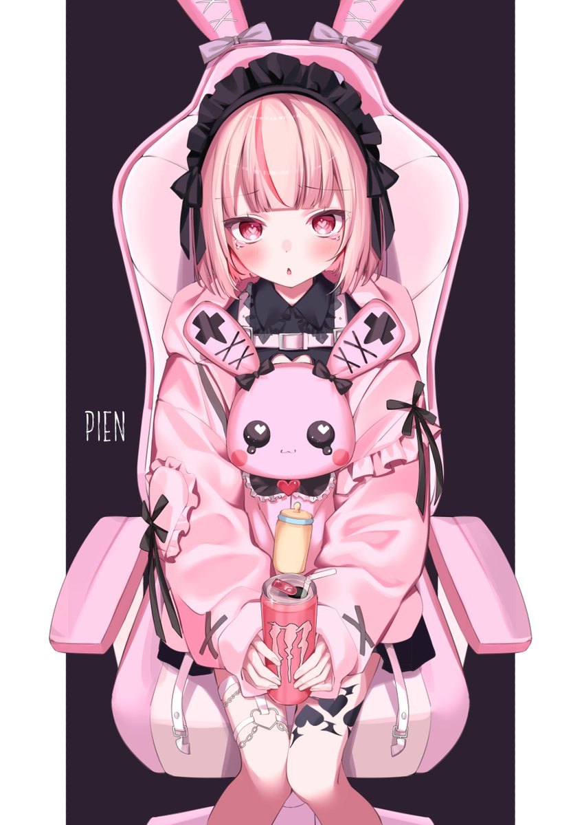 1girl pink hair monster energy can solo jirai kei sitting  illustration images
