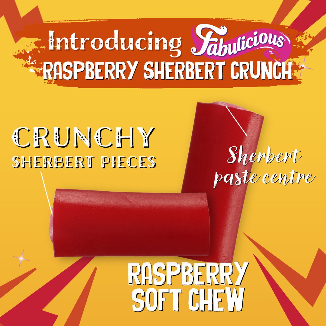 rjsnewzealand's tweet photo. Say hello to the NEW Fabulicious Raspberry Sherbert Crunch! Our famous sherbet fizz centre with delicious crunchy bits, encased in a soft raspberry candy chew.. 🤤

Available now from supermarkets and leading retailers nationwide!

#NewFromRJs #RJsMakesItBetter https://t.co/gpfJ3iF1xz
