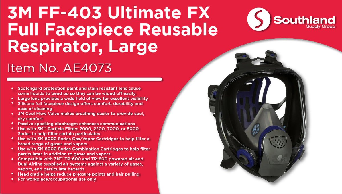 This Facepiece Reusable Respirator is use with 3M 6000 Series Combination Cartridges to help filter particulates in addition to gases and vapors. See details here 👉 bit.ly/3QtRPKB

#southland #southlandsupplygroup #ReusableRespirators #3M #3Mrespirator