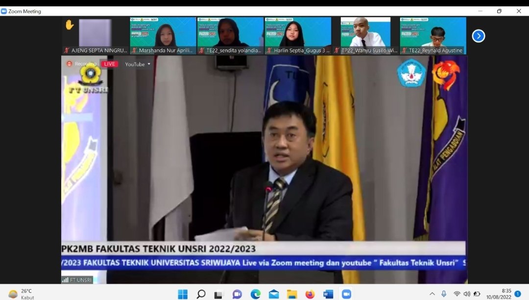 mrshndna's tweet photo. PKKMB UNSRI DAY 2, kata sambutan dari dekan Prof. Dr. Eng. Lr. H. Joni Arliansyah, M.T yang sangat bermanfaat dan sangat memotivasi kepada para mahasiswa baru 2022 #PK2FTUNSRI2022 #EngineeringForUnity #LangkahBesarMenujuTeknikJaya 
#FTBERJAYA https://t.co/qX0h3TOSZh
