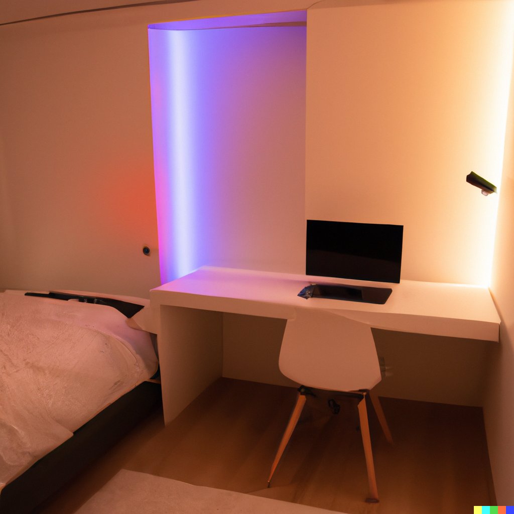 _JacobStone's tweet image. Day 11 of 50!

“A picture for a home decor magazine of a modern bedroom with a desk and a bed lit by RGB lights around the top edge of the room with acoustic panels on the walls”

#interiordesign #50DaysOfDallE #dalle #dalle2