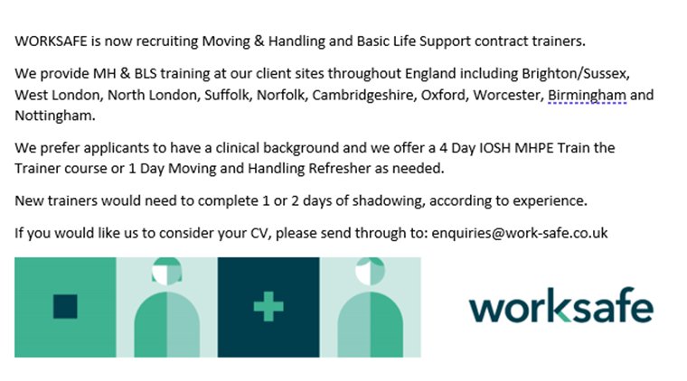 WorksafeMH's tweet photo. WORKSAFE is now recruiting Moving &amp; Handling and Basic Life Support contract trainers.
If you would like us to consider your CV, please send it through to: enquiries@work-safe.co.uk https://t.co/jKrFmuTJHo