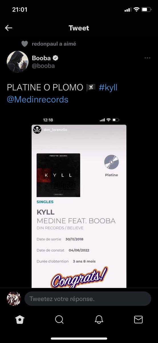 MikateExclu's tweet photo. @Medinrecords ⚔️ Booba - Kyll Est Certifier Single De Platine 💿 . Source Booba &amp; @snep #booba #medine #kyll #mikateexclu https://t.co/N0aWGBNeiT