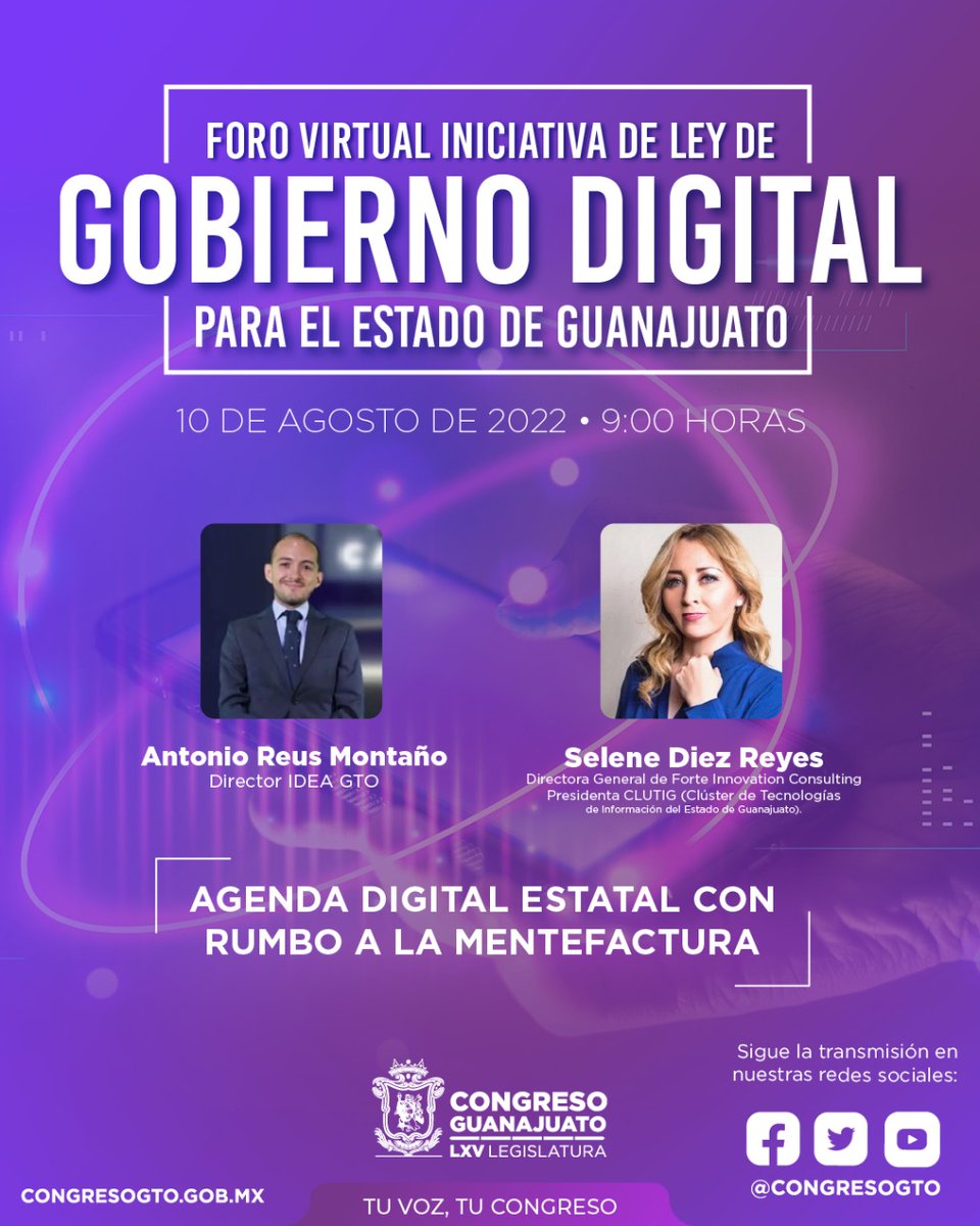 CongresoGto's tweet photo. #ForoVirtual 👩‍💻👨‍💻 | Sigue la transmisión del Foro de análisis de la iniciativa de Ley de Gobierno Digital para el Estado de Guanajuato.
🗓️10 agosto
⏰09:00 h
Ponentes⬇️
@salmajalife @ManuGuadarrama @Ilanmelendez @max_segurac @AntonioReus @sellydiez @ecarlosivan @EduardoClark https://t.co/Ms9xJJ88nS