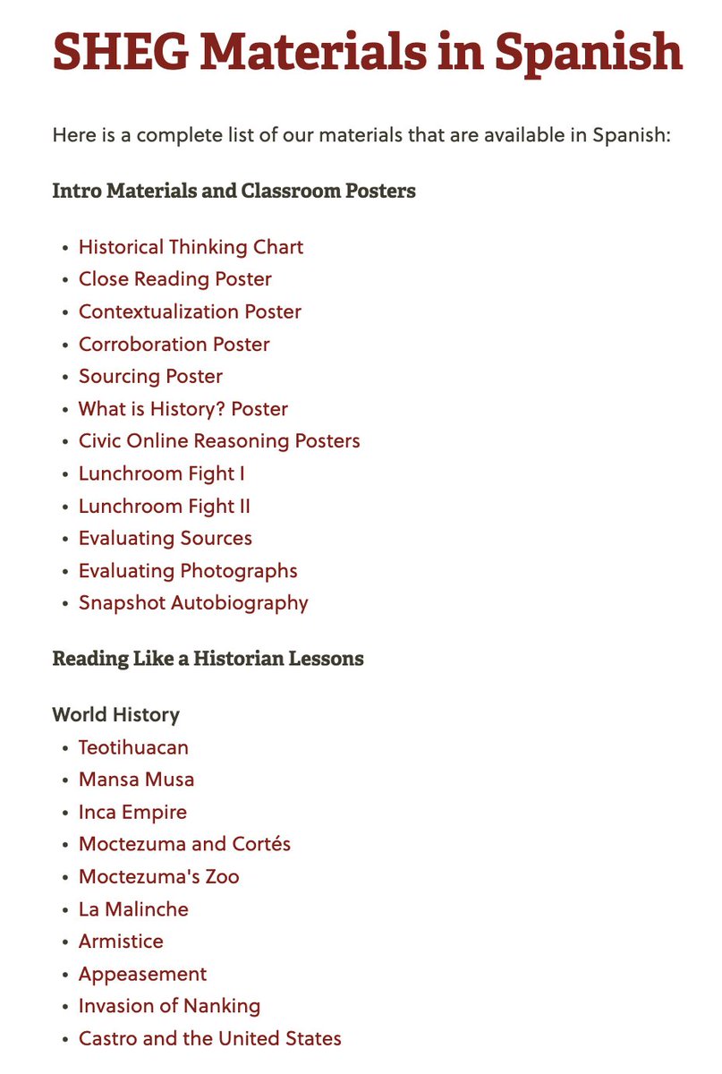 InquiryGroup's tweet image. New Spanish translations of our materials! This brings us to...

📜 12 intro materials and lessons
🌎 13 world history lessons and assessments
🇺🇸 35 U.S. history lessons and assessments

...available for free download in Spanish. Explore them all. 1/5 🧵
sheg.stanford.edu/sheg-materials…