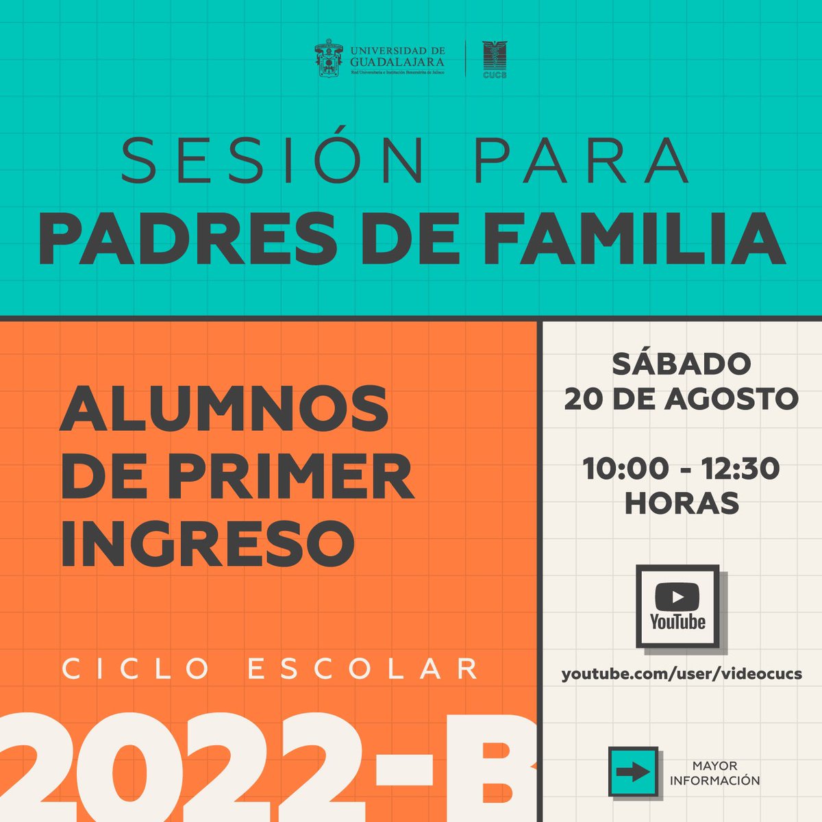OficialCUCS's tweet photo. Estimados padres de familia de alumnos de primer ingreso del ciclo 2022-B: se les invita a que presencien en forma virtual la sesión informativa que se ha preparado para ustedes, el próximo 20 de agosto de 2022, de 10:00 a 12:30 horas, en https://t.co/088SMgP7wT https://t.co/SfH35fPzsj