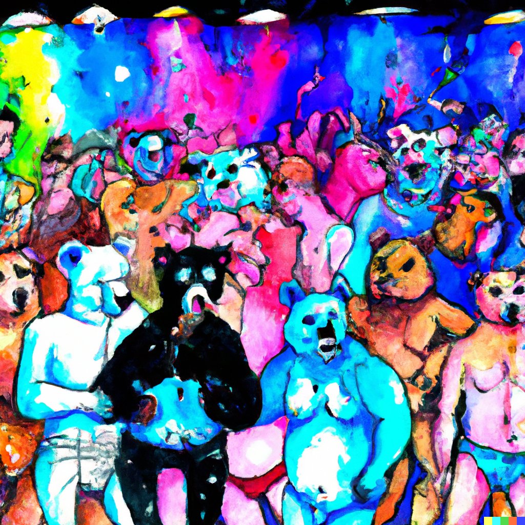 Allez_Marin's tweet photo. @Dalle2AI I've run so many prompts that get flagged for inappropriate content. For whatever reason I can make a million pictures of monkeys smoking, as well as this watercolor of a bunch of bears dancing at a nightclub. https://t.co/hZ7u7s7tGH