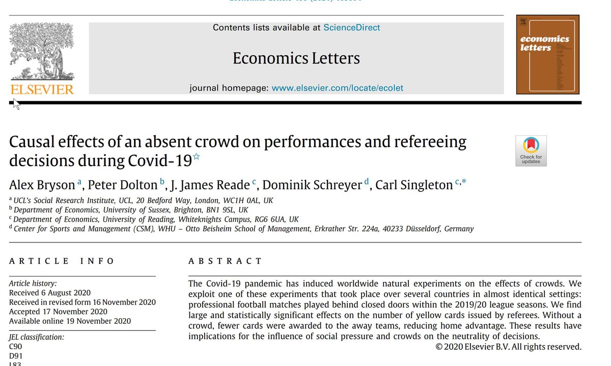 Sports lesson from COVID: the home field advantage comes from the home crowd intimidating the referees.

When COVID led to soccer matches in closed arenas, it didn't change player performance but it eliminated "one-third of a yellow card for away teams relative to the home team."