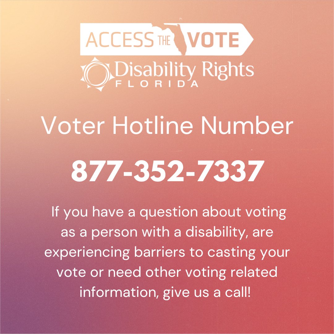 AccessTheVoteFL's tweet photo. 📞 Voter Hotline Number: 877-352-7337 📞
If you have a question about voting as a person with a disability, are experiencing barriers to casting your vote or need other voting related information, give us a call!
#CripTheVote #Disability #FLprimaries #Elections2022 https://t.co/T0rCi2LSaQ