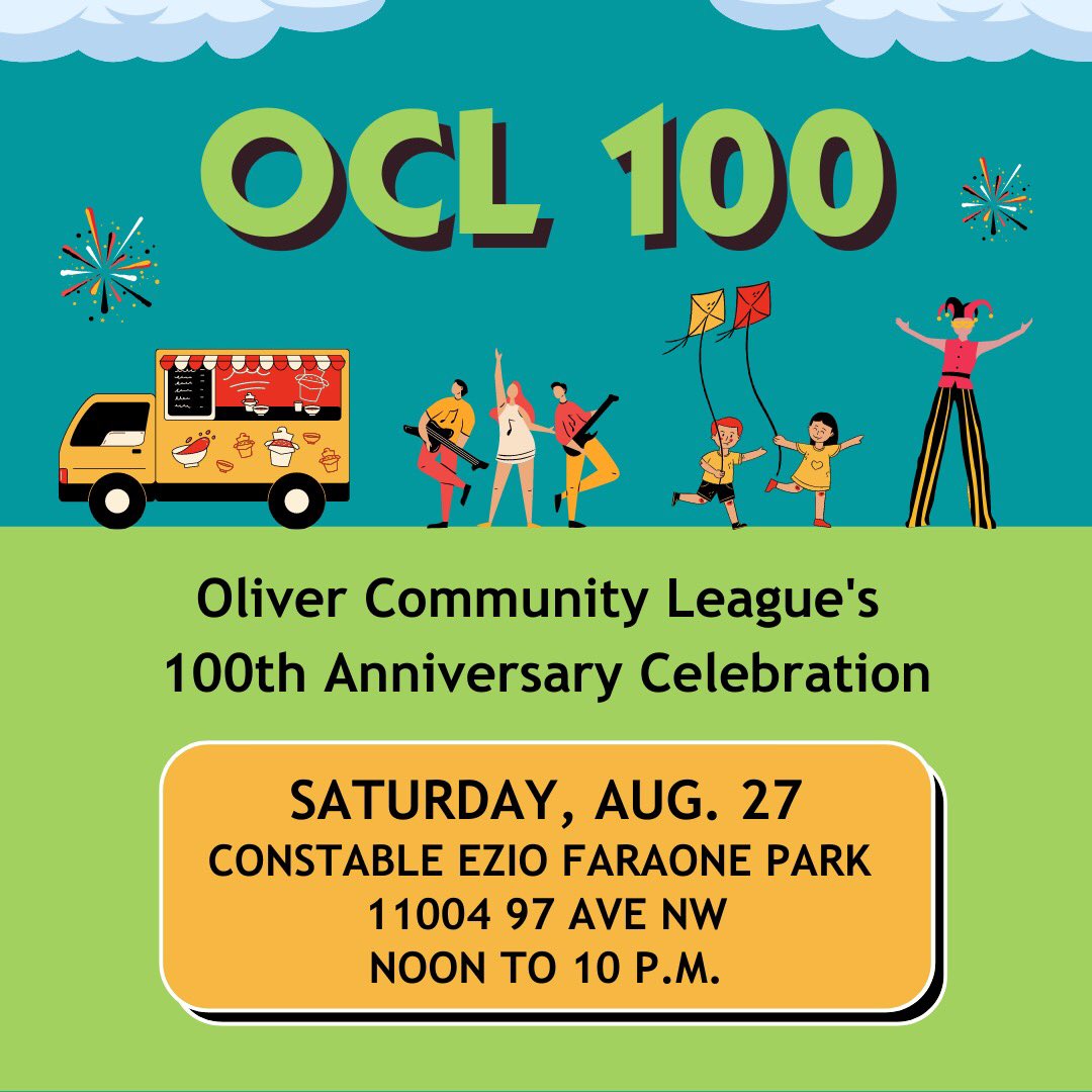 WCLYEG's tweet photo. We’re throwing a big party to commemorate our 100th anniversary, and we want you there! Come celebrate #OCL100 with us on Aug. 27 at Ezio Faraone Park. We’ve got live music, family-friendly fun &amp; games, local eats, beer gardens, and more. It’ll be a blast! #Yeg #YegOliver #YegDt https://t.co/jsR40J9P43