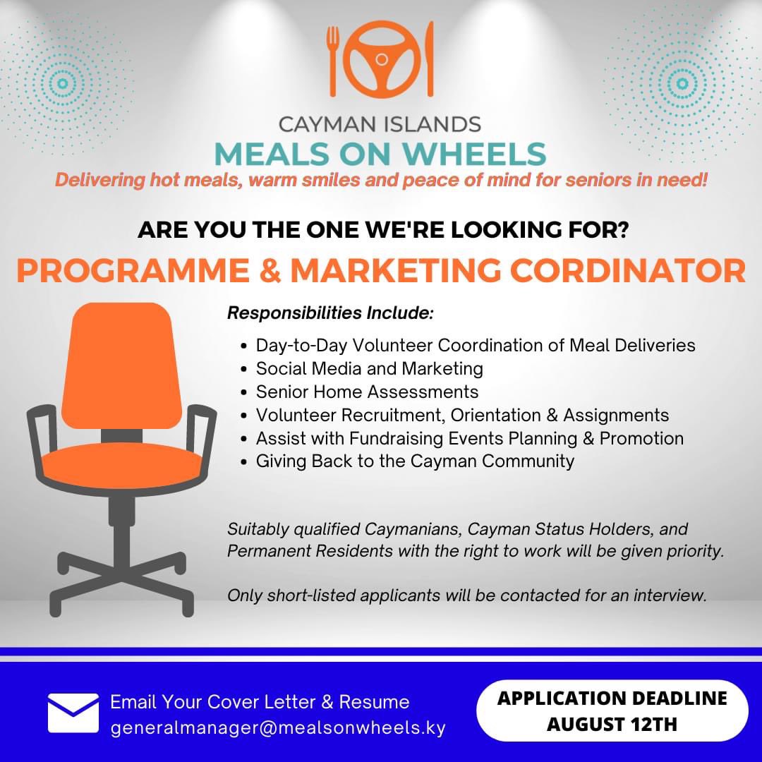Meals on Wheels is hiring! If you are looking for a career where you can also make a difference in the community, this may the job for you! 

Qualified applicants should submit a cover letter and resume by the deadline of August 12 to generalmanager@mealsonwheels.ky

#CaymanJobs