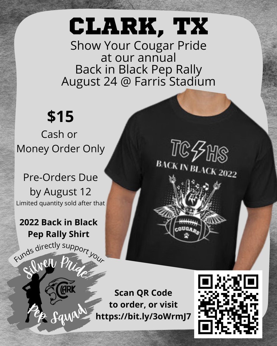 Support Clark Pep Squad, &amp; help us Black Out Farris Stadium for the 2022 Back in Black Pep Rally on Aug 24! Shirts are $15, &amp; can be ordered here bit.ly/3oWrmJ7. Pre-order by Aug 12 to guarantee your shirt! Limited quantities will be sold the first week of school. 🐾