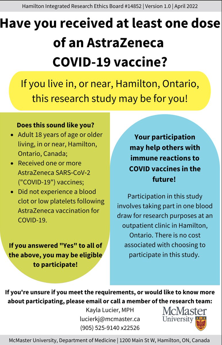 Dawn Bowdish (@msmacrophage) on Twitter photo DYK that <a href="/McMasterU/">McMaster University</a> researchers <a href="/MacPlateletLab/">McMaster Platelet Immunology Laboratory</a> were the ones to figure out how rare clotting disorders post AZ vaccines happened? Similar vaccines are being developed for infections, cancers & more so research is essential. Had an AZ vaccine? Consider joining their study! DYK that <a href="/McMasterU/">McMaster University</a> researchers <a href="/MacPlateletLab/">McMaster Platelet Immunology Laboratory</a> were the ones to figure out how rare clotting disorders post AZ vaccines happened? Similar vaccines are being developed for infections, cancers & more so research is essential. Had an AZ vaccine? Consider joining their study!