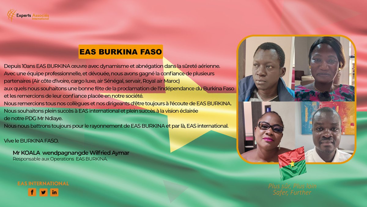 EAssocies's tweet photo. À l'occasion de la fête de l'indépendance qui s'est déroulée hier, un message de l'équipe d'EAS Burkina à qui nous souhaitons de passage une très bonne fête à toutes et à tous...

Plus sûr, Plus loin! 
Safer, Further 
#senegal #Mali #BurkinaFaso #Ghana #cotedivoire https://t.co/iKBC1c7KAN