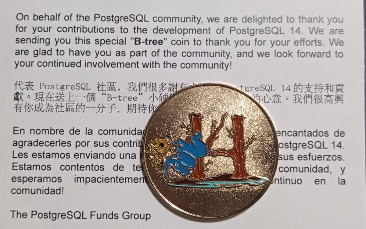 JCasanovaEC's tweet image. Just received my #postgresql14 coin. After almost 9 months! A couple months before #postgresql15 release!
